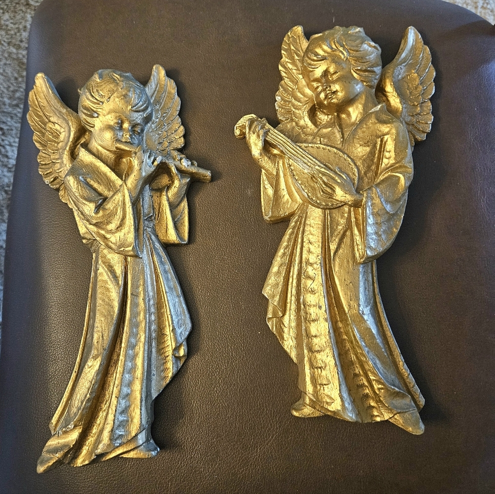 Vintage Pair Pacher-Style Chalkware Hanging Musical Wall Angels Gold-Tone Finish